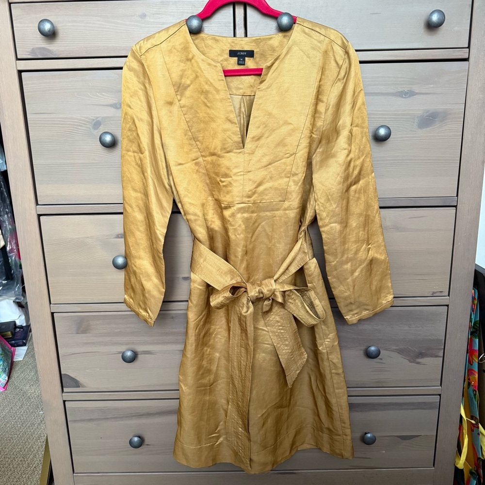 J. Crew Gold Metallic Linen V-Neck Belted Tunic/Shift Dress Size Medium